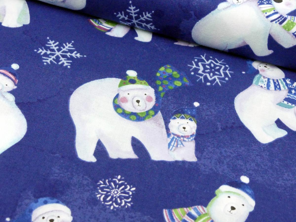 Patchworkstoff Clothworks Snowville Eisbären auf blau Mutter mit Kind